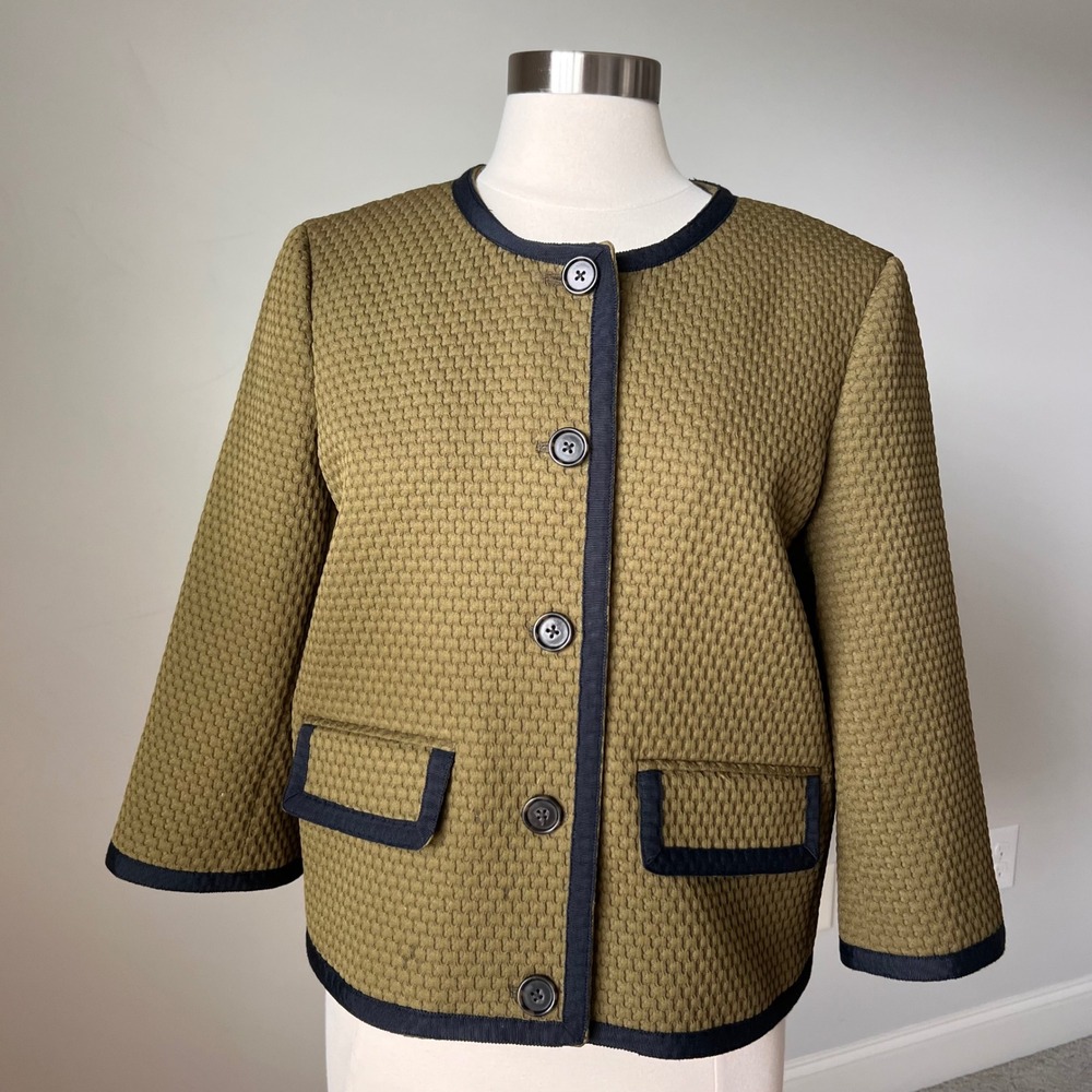 J Crew Blazer Jacket 3/4 Sleeves Olive Matelasse Ribbon Trim Preppy AJ886 Sz 14